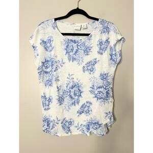 Rachel Zoe Linen Floral Top Size Large Blue White Cottagecore Feminine Coastal